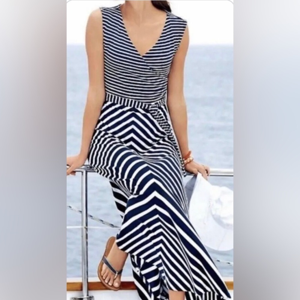 Talbots Navy Blue White Diagonal Stripe Tie Waist Maxi Dress Stretch Large L